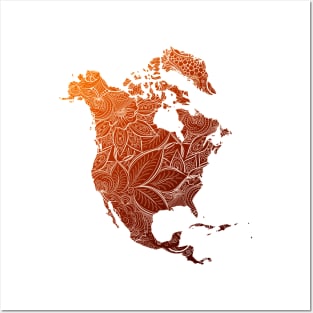 Colorful mandala art map of North America with text in brown and orange Posters and Art